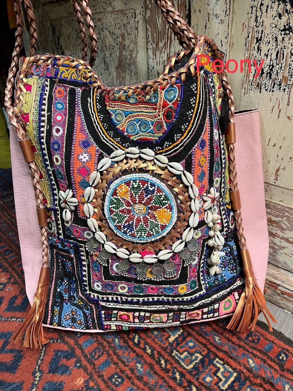 NEW KANTHA BAE women's upcycled embroidered market braided tote bag in peony